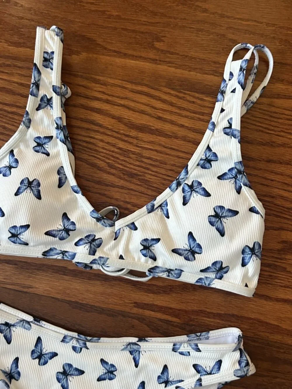 Blue Butterfly Print Matching Bikini Set Size Small Ribbed High-cut Bottoms